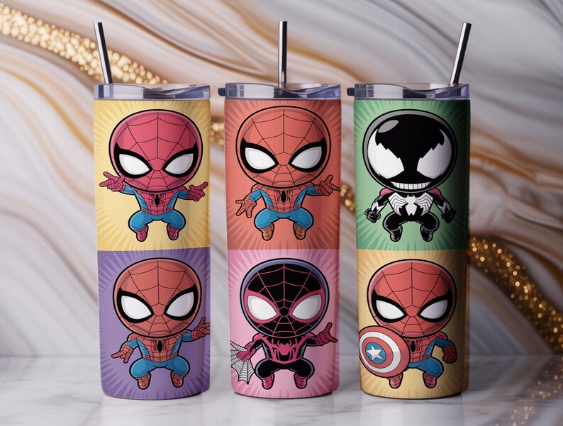 May include: Set of six stainless steel insulated tumblers featuring cartoon Spider-Man characters. Each tumbler has a different design, including Spider-Man, Venom, and Miles Morales. The tumblers have a straw and a lid.