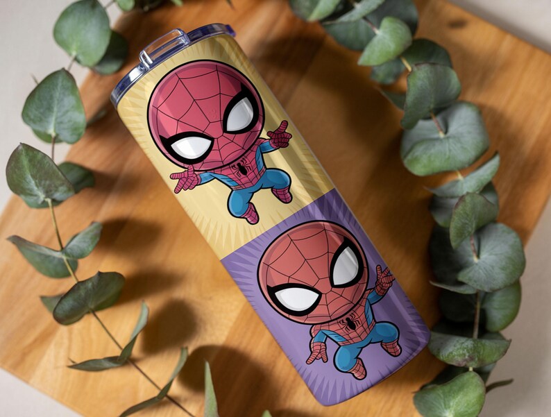 May include: A stainless steel tumbler featuring a cartoon Spider-Man design. The tumbler has a yellow and purple background with two images of Spider-Man. The character is depicted in his classic red and blue suit with a web-like pattern on his mask.