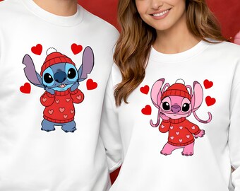 Stitch And Angel Valentine Couple Sweatshirt,Disney Valentines Day T-Shirt, Wifey and Hubby Couples Matching Tee, Valentines Stitch Shirt
