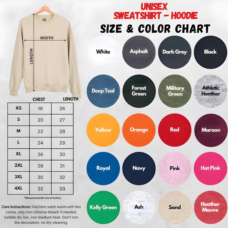 Puede incluir: Una sudadera unisex beige colgada en una percha de madera. La imagen incluye una tabla de tallas y colores con varias muestras de color y medidas en pulgadas. Tambi&eacute;n se enumeran las instrucciones de cuidado.