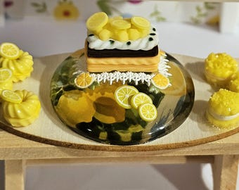 1:12 Scale LUSCIOUS LEMON Mille-Feuille French Puff Pastry Mini Dessert on an elegant lemon-themed base for Dolls ~Artisan Faux Food