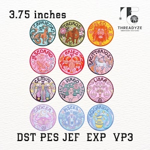 Op de afbeelding: Een verzameling geborduurde patches, elk met een sterrenbeeld. De ronde patches hebben kleurrijke ontwerpen en de naam van elk teken. De tekst "3.75 inches" (ongeveer 9,5 cm) staat erboven. De tekst "DST PES JEF EXP VP3" staat onderaan.
