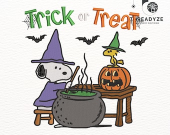 May include: An embroidered Halloween design featuring Snoopy as a witch stirring a cauldron, with Woodstock atop a carved pumpkin. The words "Trick or Treat" are above the characters, with bats and spiderwebs. The design is for embroidery.
