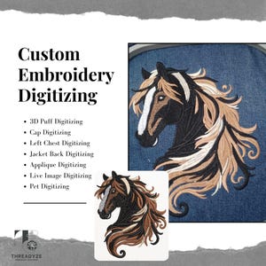 May include: Image promoting custom embroidery digitizing services. The image features a detailed embroidered horse head in black, brown, and tan thread. Text includes service types like 3D puff, cap, and pet digitizing. The company logo is at the bottom.