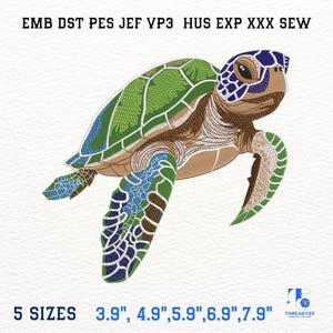 May include: An embroidered sea turtle design in shades of green, blue, and brown. The image includes the text "5 SIZES 3.9", 4.9",5.9",6.9",7.9"" and "THREADYZE". The design is suitable for embroidery projects.