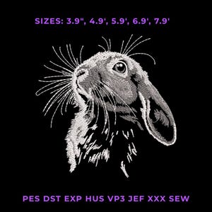 May include: An embroidery design of a rabbit head in white thread on a black background. The text at the top reads SIZES: 3.9", 4.9", 5.9", 6.9", 7.9". The text at the bottom reads PES DST EXP HUS VP3 JEF XXX SEW. The rabbit has long whiskers.