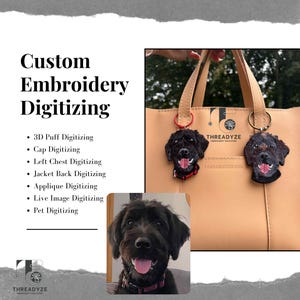 Puede incluir: La imagen muestra servicios de digitalización de bordado personalizados. Presenta un llavero de perro negro, una foto de un perro negro y un bolso tote de cuero color canela. El texto incluye "Custom Embroidery Digitizing" y opciones de servicio.