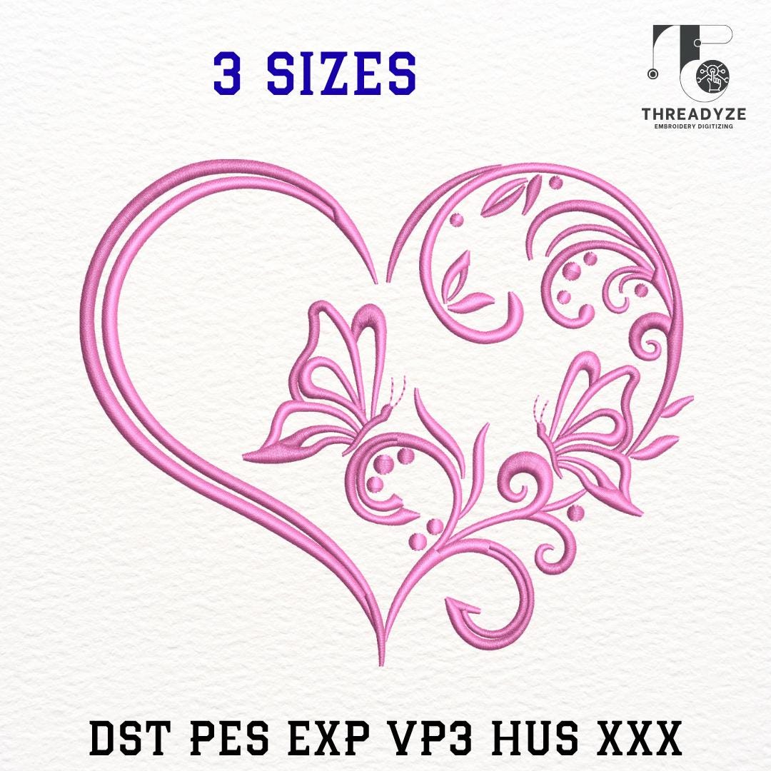 Butterfly Heart Embroidery Design | Elegant Swirl Outline Stitch - Etsy