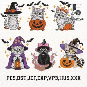 May include: A collection of six Halloween-themed cat designs. The cats are depicted in various poses, wearing witch hats, and surrounded by pumpkins, bats, and stars. The designs are in shades of gray, orange, purple, and black. The text "PES, DST, JEF, EXP, VP3, HUS, XXX" is at the bottom.