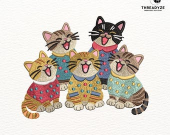 5 Kittens Cats in Sweaters Embroidery Design | Winter Stitch (Instant Download)