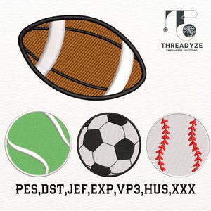 Könnte beinhalten: Gestickte Sportball-Designs, darunter ein brauner und weißer Football, ein grüner und weißer Tennisball, ein schwarz-weißer Fußball und ein weißer und roter Baseball. Der Text "PES, DST, JEF, EXP, VP3, HUS, XXX" ist ebenfalls enthalten.