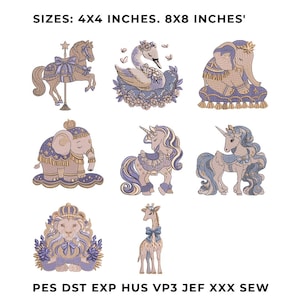 May include: A collection of eight machine embroidery designs featuring a carousel horse, a swan, an elephant, a second elephant, two unicorns, a lion, and a giraffe in shades of purple and gold. Text reads SIZES: 4X4 INCHES. 8X8 INCHES' PES DST EXP HUS VP3 JEF XXX SEW.