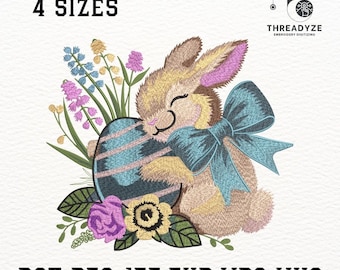 May include: An embroidered design featuring a bunny hugging a striped Easter egg, with a large blue bow and floral accents. The design includes the text "4 SIZES" and file type abbreviations. The logo for Threadzye Embroidery Digitizing is in the upper right corner.