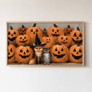 May include: An oil painting on canvas featuring a group of orange jack-o'-lanterns with carved black triangular eyes and jagged mouths. A fox wearing a black pointed witch hat and a grey owl are positioned among the pumpkins in the center.
