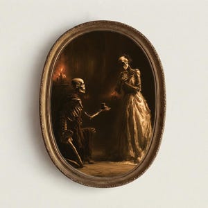 May include: An oval-framed wall art piece featuring a sepia-toned illustration of a skeleton kneeling and offering a small object to a standing skeleton figure dressed in a long gown. The scene is set in a dark, candlelit interior with warm lighting.