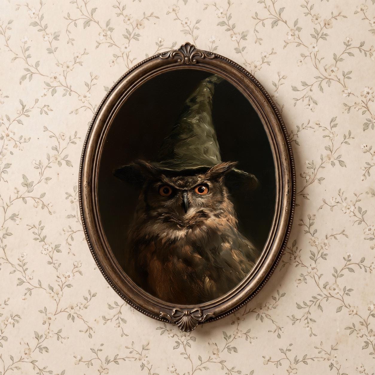 Owl Wearing Witch Hat Oil Painting, Dark Academia Halloween Wall Art, Fine Art Print Digital Downloa