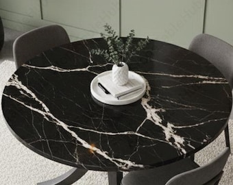 モダンな丸型黒大理石ダイニングテーブル | 現代的なダイニングルームに最適な高級ストーンテーブル インテリアに最適なモダンなダイニングテーブル ダイニングテーブルトップ