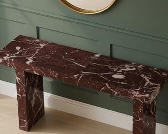 Consola de mármol rojo: mesa de lujo moderna. Consola de mármol burdeos / Mesa minimalista de piedra para entrada de pasillo o sala de estar.