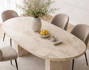 Mesa de comedor de travertino: mesa de piedra minimalista moderna con pedestal, mesa de comedor ovalada natural / Tablero de mesa de comedor moderno de lujo /