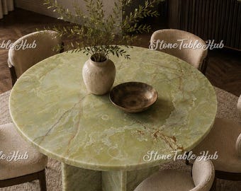 Green Onyx Round Coffee Table, Luxury Stone Pedestal Table, Modern Marble Table, Custom Natural Stone Furniture, Dining Room Tabletop |