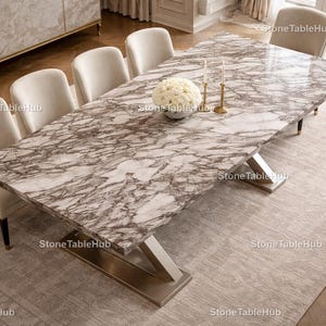 Contemporary White and Purple Veined Marble Table – Minimalist Stone Coffee Table for Home Décor Modern Living Room Marble Dining Table |
