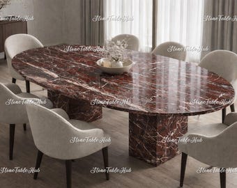 Handcrafted Oval Red Marble Dining Table – Modern Statement Piece, Dual Pedestal Base