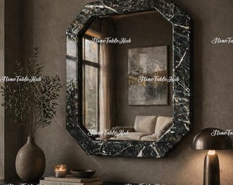 Black Marble Octagonal Mirror – Natural Stone Statement Decor, Modern Vanity Accent Frame