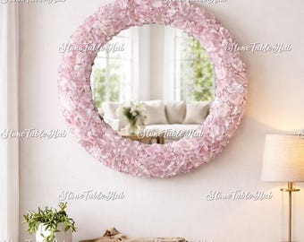 Round Rose Quartz Geode Mirror – Handcrafted Boho Crystal Wall Décor