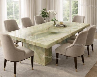 Mesa de comedor con cascada de ónix verde pulido: una pieza de piedra natural que marca la diferencia.