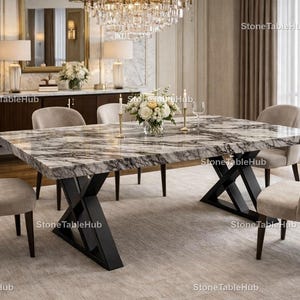 May include: A rectangular marble dining table with a black metal base, surrounded by upholstered chairs. The table is the focal point of a luxurious dining room, with a chandelier and decorative accents.