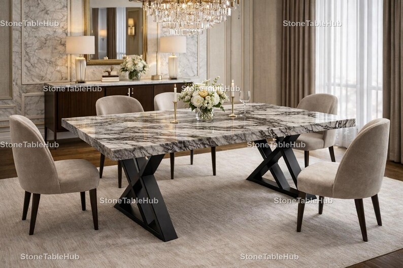 May include: A rectangular marble dining table with a black metal base, surrounded by upholstered chairs. The table is the focal point of a luxurious dining room, with a chandelier and decorative accents.
