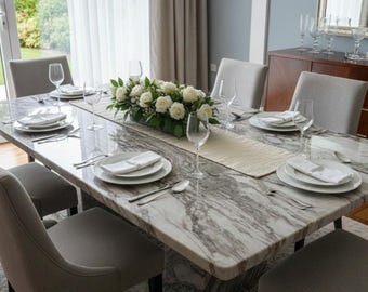 Decoración moderna de mesa de comedor de mármol / Elegante configuración de mesa de comedor neutra / Decoración de estilo hogareño estético de lujo Mesa de comedor de café /