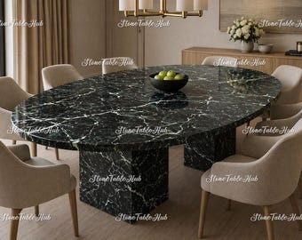 Black Marble Oval Dining Table – Modern Pedestal Base, Natural Stone Elegance