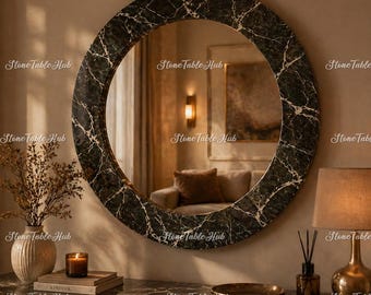 Espejo redondo de mármol negro: un elegante espejo decorativo para la pared.