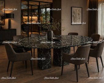 Tablero de mesa de comedor ovalado de mármol negro: superficie de piedra de lujo, resistente al calor, comedor moderno.