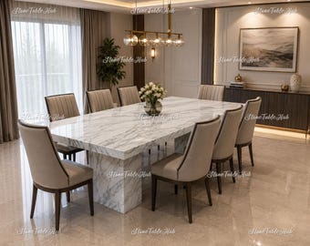 Modern Marble Dining Table for 8, Luxury White Stone Table, Contemporary Rectangular Pedestal Dining Room Table Elegant Modern Stone Table |