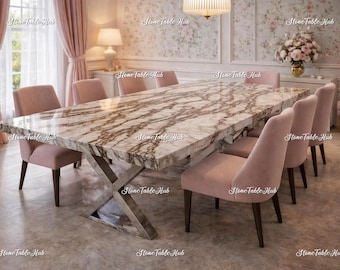 Handgemaakte marmeren eettafel – modern stenen blad, zwarte X-voet