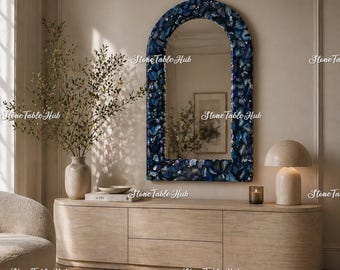 Espejo de arco de ágata azul: una pieza decorativa de piedra natural para la pared que realza la luz.
