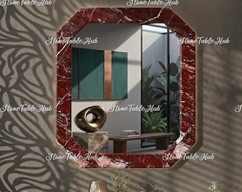 Octagonal Red Marble Mirror – Rosso Levanto Natural Stone Decorative Wall Art