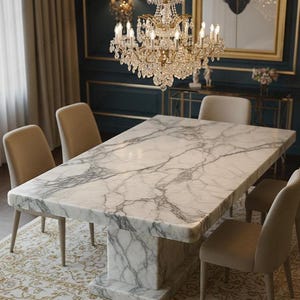 May include: A rectangular marble dining table with a white and grey veined pattern. The table has a thick, rectangular base. Beige upholstered chairs surround the table. A crystal chandelier hangs above.