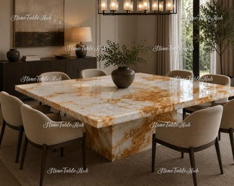 Luxury Green Onyx Square Dining Table, Handmade Natural Stone Pedestal Furniture