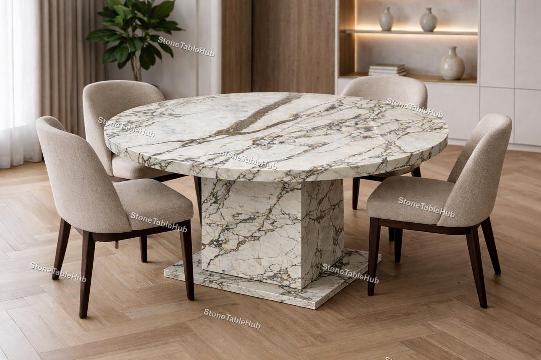 Luxury White Marble Round Dining Table Top – Durable Natural Stone With ...