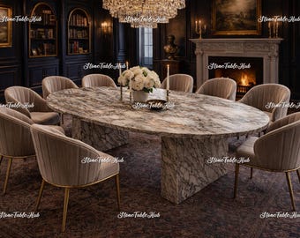 Tablero de mesa de comedor ovalado de mármol Calacatta: superficie de piedra moderna y minimalista.