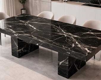 Mesa de comedor de mármol negro: mesa de piedra de lujo moderna, muebles de comedor minimalistas contemporáneos. Mesa de comedor moderna de mármol negro.