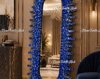 Espejo artesanal con diseño de rayos de sol y cristal azul: decoración de pared impactante, marco de lujo moderno.