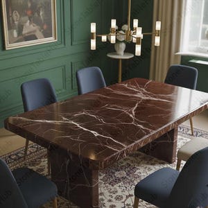 Handgjort matbord i brunt marmor – modern piedestalbas