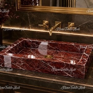 Red Marble Vessel Sink, Luxury Stone Bathroom Sink, Rectangular Marble Vanity Basin, Handmade Natural Stone Washbasin, Modern Bathroom Decor