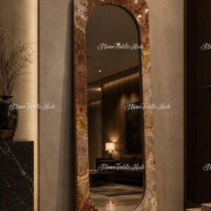 Luxury Brown Onyx Arch Floor Mirror, Natural Gemstone Frame, Statement Entryway Decor