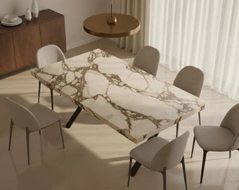 Handgemaakte Italiaanse Calacatta goudmarmeren eettafel – modern metalen onderstel
