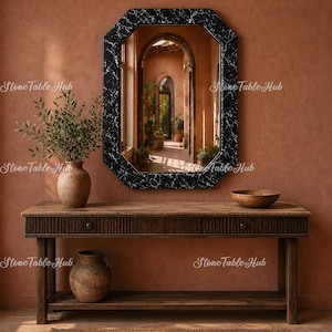 Handmade Black Marble Octagon Wall Mirror, Modern Rustic Entryway Mirror, Farmhouse Console Mirror, Statement Wall Decor Black Marble Mirror